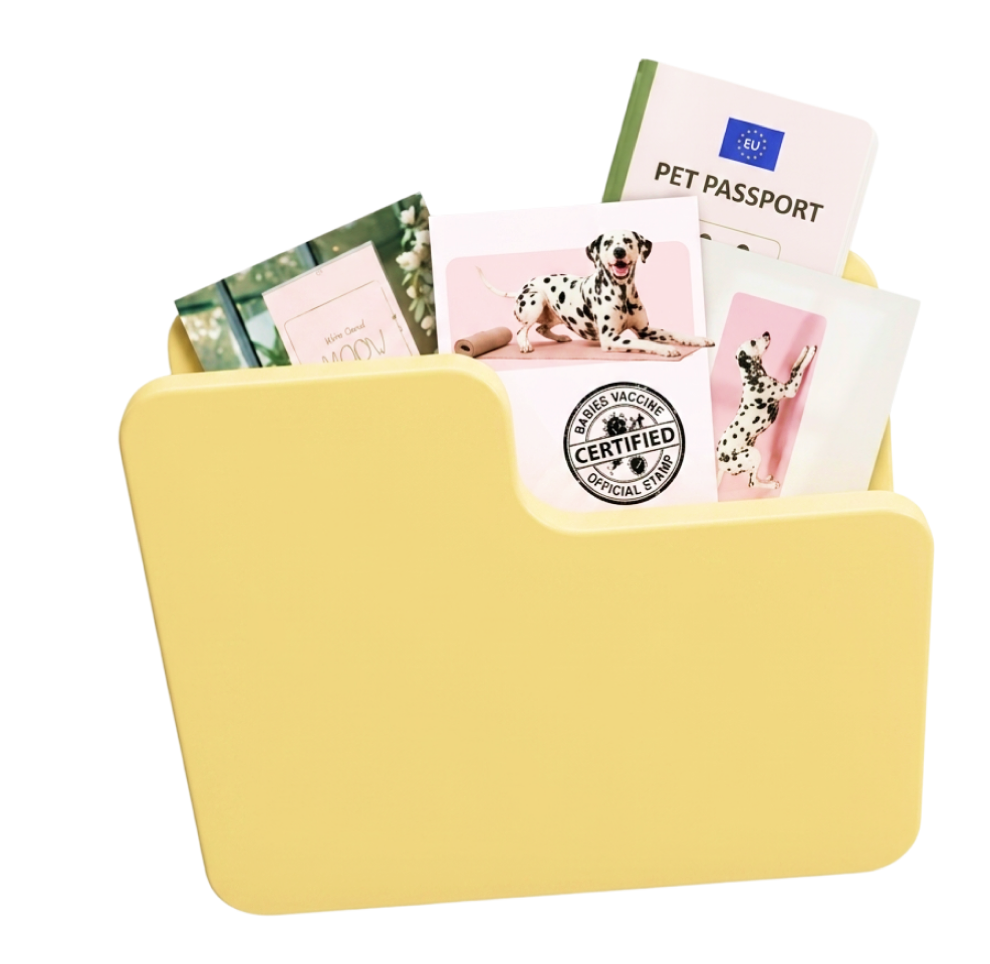 A folder of pet travel paperwork